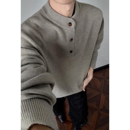 Semir old money style Henry collar sweater for men in spring and autumn, loose trendy heavyweight sweater, trendy brand-style youth jacket, light gray, light gray M