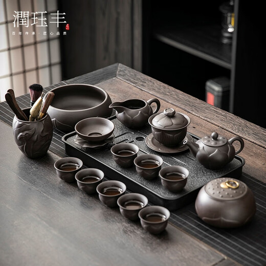 Runjuefeng high-end purple clay tea set home Chinese style tea bowl office cover bowl teapot tea cup tea set gift box 16 pieces purple clay tea set - lotus teapot + cover bowl