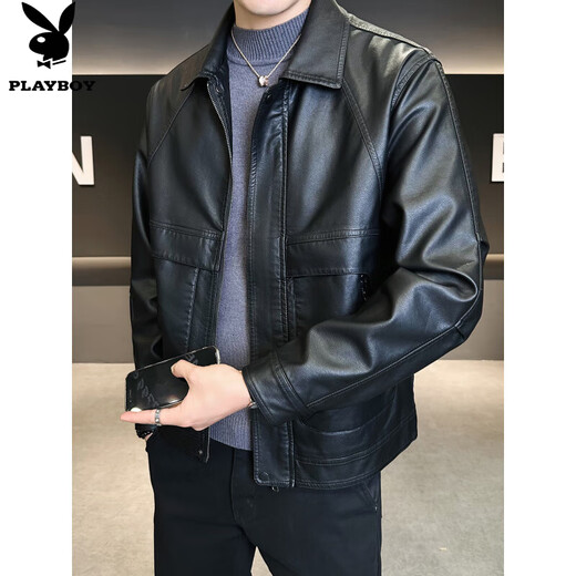 Playboy (PLAYBOY) men's leather jackets, trendy Korean style casual lapels, versatile handsome style motorcycle tops, men's jackets, black M