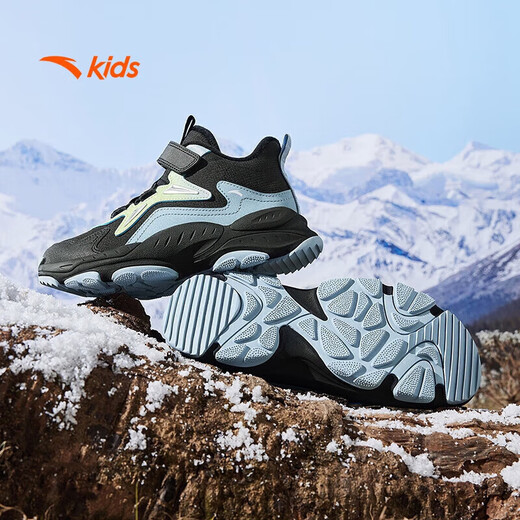 ANTA children's shoes, men's cotton shoes for older children, autumn and winter new arrival, plus suede mesh stitching, non-slip and wear-resistant ridge high-top children's sports shoes, men's black/thin blue-2 37, shoe inner length 23.5cm