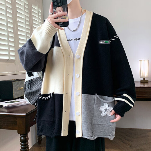 Pierre Cardin sweater cardigan men's autumn new loose casual versatile jacket men's color matching trendy design V-neck sweater 24865 light gray XL 180 (about 145~160Jin Jin equals 0.5 kg can be worn)