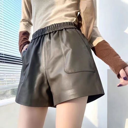 Haining Genuine Leather Shorts Women's 2025 Autumn New Casual Versatile Wide Leg Pants Sheepskin High Waist Slim Boot Pants Black 2XL