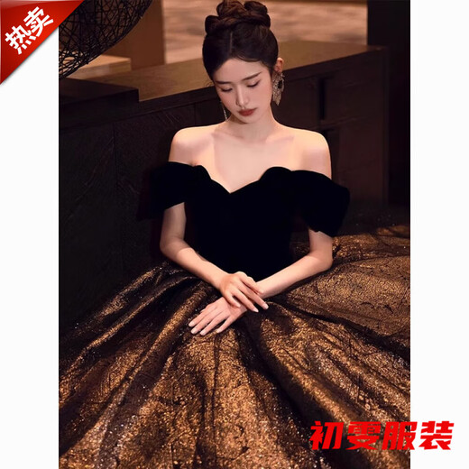 Mei An Jia Hepburn style evening dress women's one-shoulder slimming high-end light luxury banquet retro style art test skirt coming-of-age wedding photos black long style without bustle S