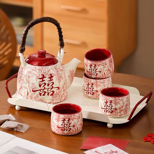 Xibaisheng wedding gift tea set for the bride and groom wedding engagement teacup teapot housewarming gift practical high-end festive tea set 6-piece gift box 1906
