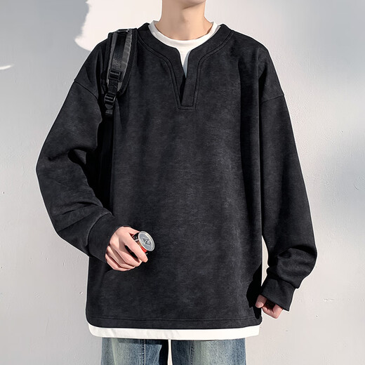 SWAMP AREA sweatshirt men's spring and autumn fake two-piece long-sleeved top American Henry collar bottoming shirt SAR012 black L