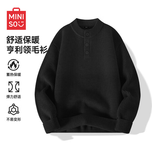 MINISO Henry Collar Sweater Men's Autumn and Winter 2025 New Lazy Style High-Quality Loose Inner Sweater Top Jacket Henry Collar Black M /165 (Weight 90-120Jin Jin is equal to 0.5 kg)