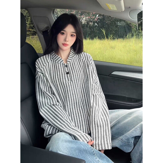 Cantu herringbone pattern American Henry collar sweatshirt men's spring and autumn heavyweight long-sleeved T-shirt houndstooth bottoming shirt white 2XL