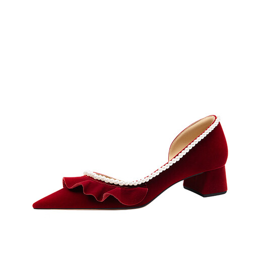 Lily Wei Feng Xiaoyin French elegant side hollow fungus single shoes square heel temperament wedding shoes small size red velvet square heel 31