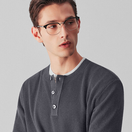 By Creations Machine washable Perpin 14-needle Henry collar cardigan men's autumn and winter business easy-care warm pullover sweater dark gray L