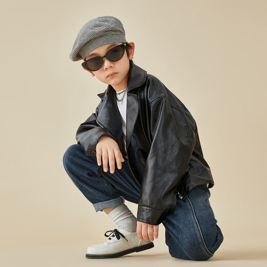 Duojia Boys Motorcycle Jacket PU Leather Jacket 2025 Spring and Autumn Style Fashionable Handsome Trendy Men's Leather Clothes Children's Lapel Zipper Shirt