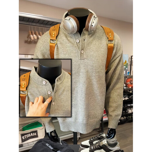 Main style (ZHUYIFAN) gray American Henley collar knitted sweater for men with long sleeves, lazy style, cleanfit inner base sweater jacket, dark gray 5XL (recommended 195-210Jin Jin is equal to 0.5kg)