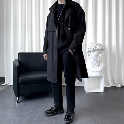 ROMON windbreaker men's autumn and winter mid-length fake two-piece double-collar casual coat men's youth coat men's black 3XL