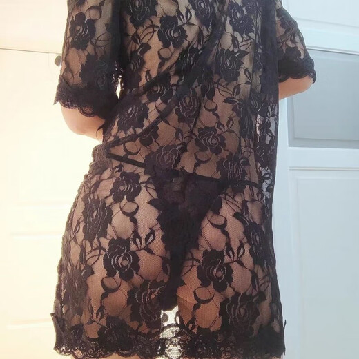 Jiuai Men's Large Size Sexy Temptation Nightgown Lace Bathrobe Home Suit Comes with Thong Half Sleeve Black + Thong M _(170-175CM,60-70KG)