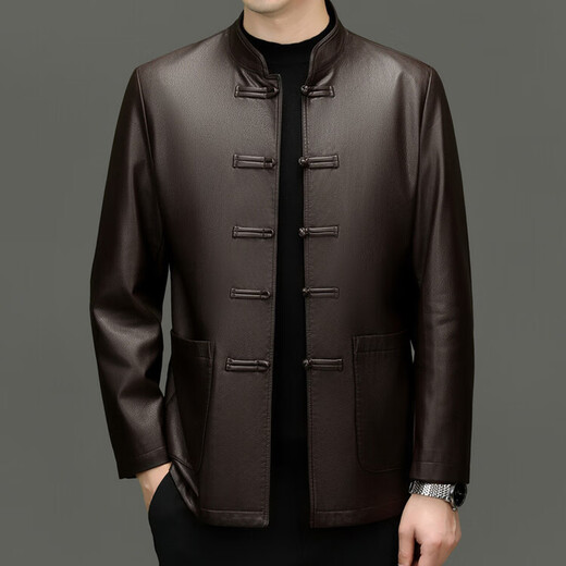 JEEP SPIRIT Spring and Autumn Haining Genuine Leather Jacket Men's First Layer Cowhide Tang Suit Chinese Style Jacket Stand Collar Chinese Style Leather Jacket Thin Black M 170