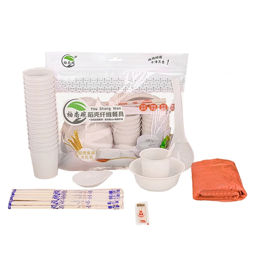 Food-grade rice husk disposable tableware set, bowls, chopsticks, spoons, cups, plates, tablecloths, eco-friendly dinner party for ten people, gift pack, 8-piece set for 10 people
