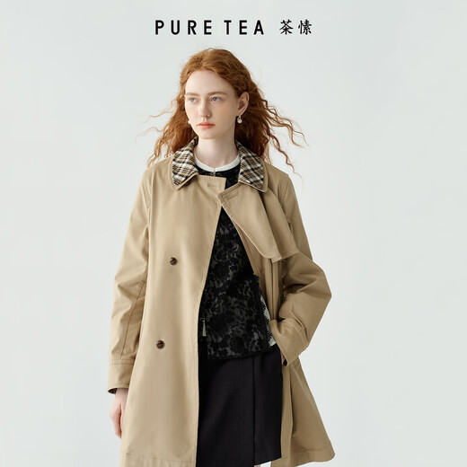 PURE TEA Retro Barn style puretea tea detachable plaid lapel silhouette windbreaker jacket 25 autumn and winter new khaki S
