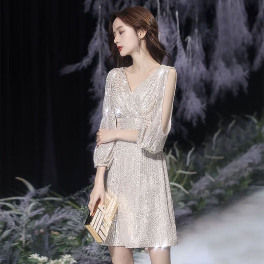 Timochi evening dress petite short skirt female socialite sequin light luxury temperament high-end banquet host dress quality champagne color L