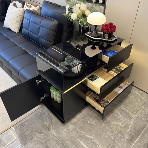 KSALOY2025 new Italian style sofa side cabinet, creative light luxury and high-end side table, movable glass corner table with light, new model_mobile side cabinet, tempered glass + ambient light power socket, right drawer, new model_mobile side cabinet