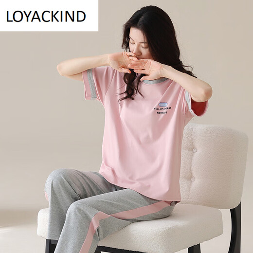 LOYACKIND summer short-sleeved pajamas suit trousers 100 cotton women's sports cotton home clothes thin large size can be worn outside Y9711 M