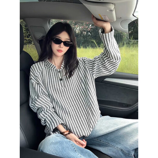 Cantu herringbone pattern American Henry collar sweatshirt men's spring and autumn heavyweight long-sleeved T-shirt houndstooth bottoming shirt white 2XL