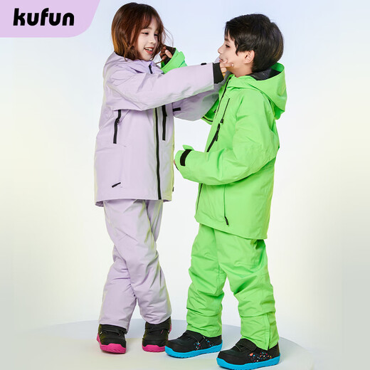 KuFeng (kufun) children's ski clothing suit for women and men new snow clothing tops single board and double board equipment waterproof jacket children super flash green overalls one size 110