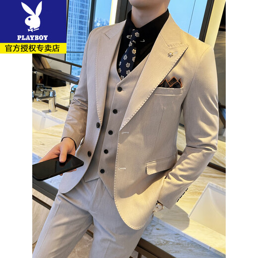Playboy lapel two-button suit men's business casual solid color Korean slim fit groom's wedding suit three-piece black suit + trousers + vest 4XL (165-180Jin Jin equals 0.5 kg)