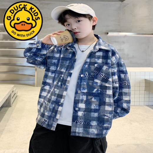 G.duck children's clothing boys' autumn shirts spring and autumn 2025 new style medium and large children handsome boys autumn plaid shirt trendy blue spring and autumn 120 cm