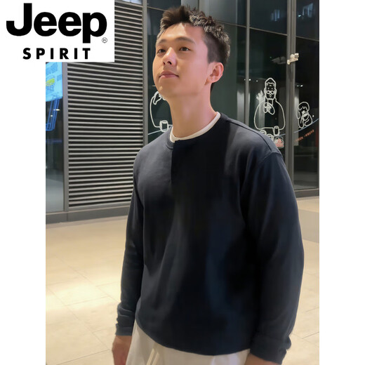 JEEP SPIRIT bamboo cotton fake two-piece Henry collar long-sleeved T-shirt men's cleanfit inner layering shirt early autumn single-wear top navy blue M (100-115Jin Jin equals 0.5 kg)