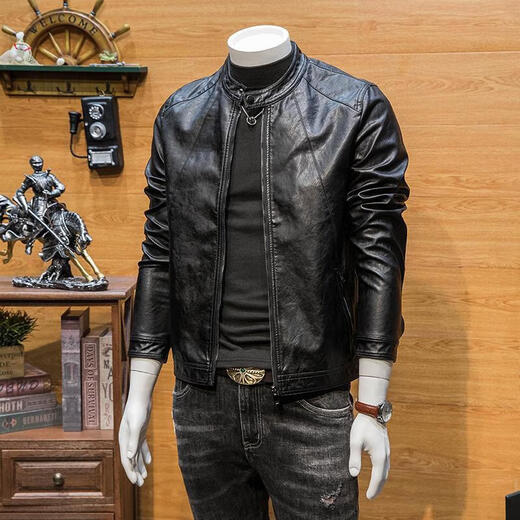 Spring and Autumn Leather Men's High-end Motorcycle Jacket 2025 Spring Trendy and Handsome Men's High-End Stand-up Collar Leather Jacket Black 2XL Recommended Weight 130-145Jin Jin is equal to 0.5 kg