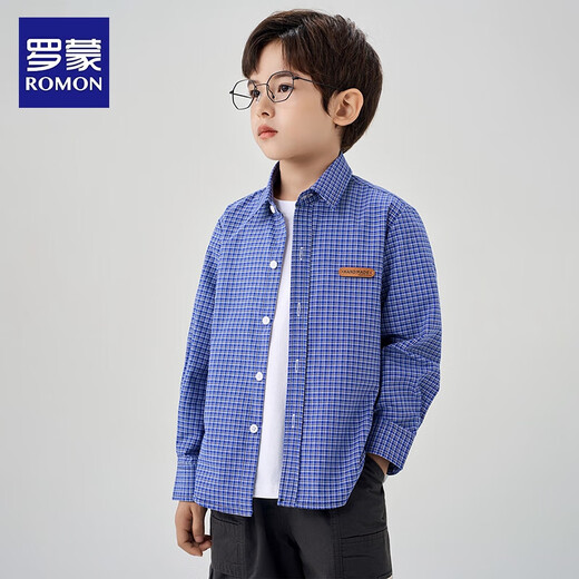 Romon Boys' Shirt Jacket Spring and Autumn Children's 2026 New Medium and Large Boys' Tops Plaid All-match Shirt Blue 110