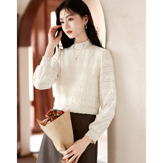 Homecoming Winter French Lace Top Half Turtle Collar High-end Design Versatile Temperament Bottoming Shirt 26 Beige XL