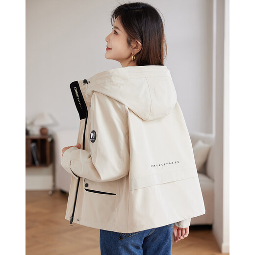 TERRE BLEUE fashionable versatile jacket for women 2025 autumn new age-reducing hooded cardigan windbreaker beige M