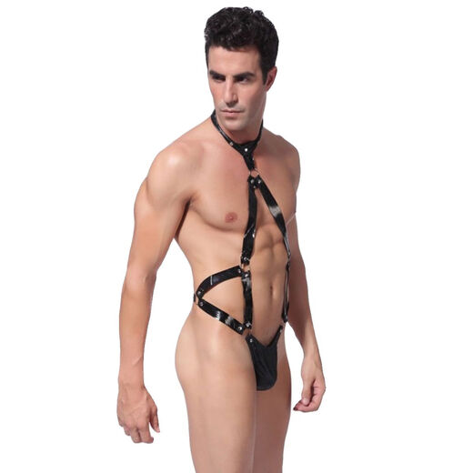 Men's jumpsuit hollow sexy imitation leather underwear sexy black patent leather bondage T-pants thong black one size