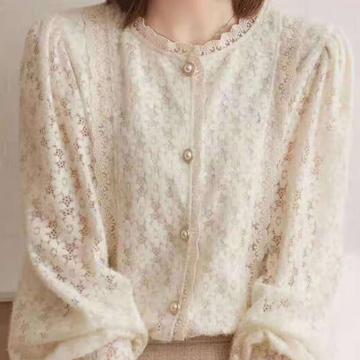 Langsha velvet thickened autumn and winter new shirt women's fashion slim brushed lace shirt Western style versatile loose top velvet apricot L 100-110Jin Jin equals 0.5 kg