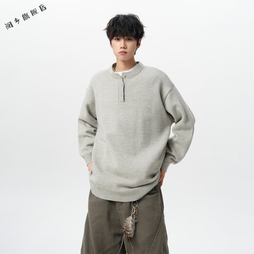 Yuexiang American Henry Collar Sweater Men's Autumn New Fashion Brand Large Size Loose Knitwear Casual Warm Inner Top Men Light Gray M