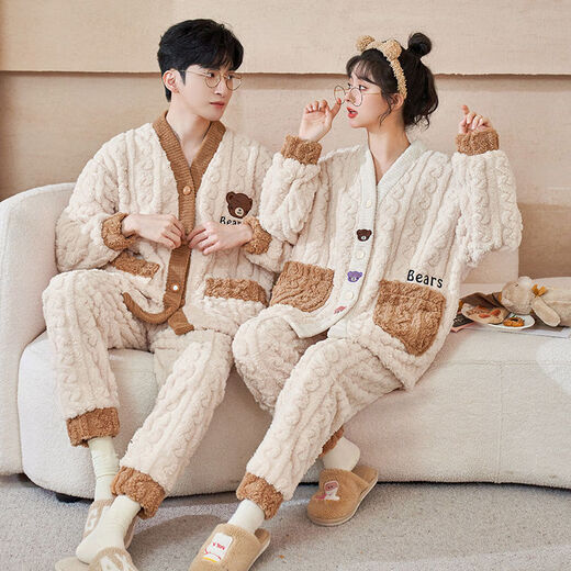 Woodpecker winter coral velvet pajamas for couples, plus velvet and thickened home clothes for men and women, flannel warm and wearable suit QGL806 L, women get men's L, two sets of price