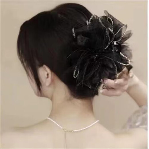 Black fabric feather hair accessory 2025 high-end hair volume hair accessory on the back of the head fluffy shark hairpin 13cm gold edge bow feather flower