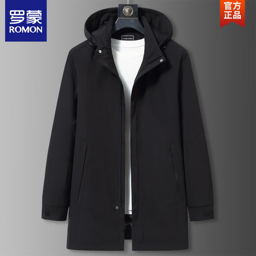 ROMON large size men's parka windbreaker men's mid-length spring and autumn fat man plus fat enlarged loose solid color windproof coat black 6XL