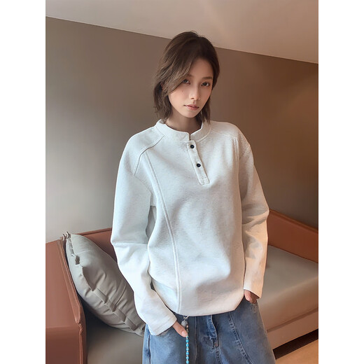 QGF American Henry collar long-sleeved sweatshirt men's autumn shoulder heavy polo light gray top shirt base coat light gray XL recommended 110-130Jin Jin equals 0.5 kg