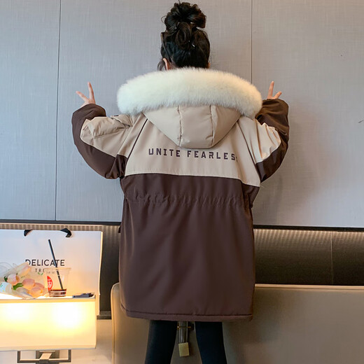 细仔码头儿童装女童派克服外套中大童毛领时尚加绒加厚中长款大衣棉服韩版 卡其色 毛领可拆卸 160