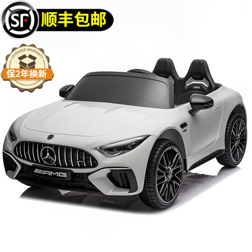 Dake Mercedes-Benz AMG remote control four-wheel drive toy car can seat men, women, babies and children, large swing car four-wheel sports car, luxury white + soft wheel four-wheel drive leather seat + Bluetooth music remote control swing + portable pull car