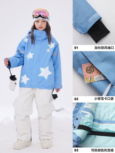 Coldelement children's ski wear for boys, girls, middle and large children, veneer warm waterproof tops and pants, denim blue + classic white overalls 150cm