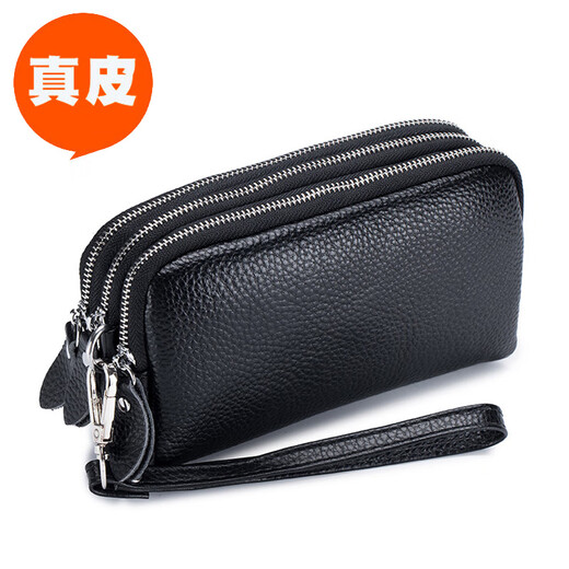 SHARELOVE Genuine Leather Small Hand Bag Women Can Hold Mobile Phone Mini Portable Coin Purse Three-Layer Zipper Wrist Bag First-Layer Cowhide Three-Layer Zipper - Black