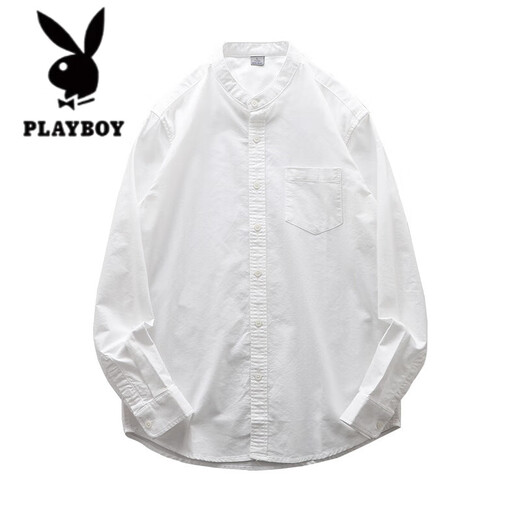 Playboy pure cotton oxford shirt men's long-sleeved spring and autumn white stand-up collar shirt high-end henley collar jacket for men white cotton oxford M (suitable for 120 Jin Jin equal to 0.5 kg or less)