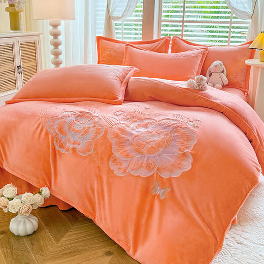 Mercury series home textiles winter plus velvet and thickened milk velvet four-piece set 2024 new double-sided velvet embroidered quilt cover coral velvet bed sheet bloom--Emma Orange bed sheet style 1.5-2.0M four-piece set