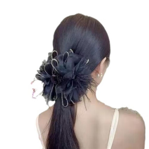Black fabric feather hair accessory 2025 high-end hair volume hair accessory on the back of the head fluffy shark hairpin 13cm gold edge bow feather flower