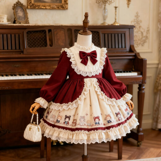 Kafanli (KafanIi) Girls Lolita Princess Dress 25 New Children's Birthday Dress Western Style Baby Girl Dress Autumn and Winter Burgundy 265 Velvet No Accessories 130 cm