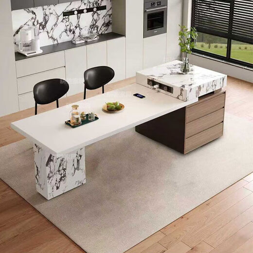 Pupan's new high-end Italian-style island dining table with wood grain integrated household retractable slate modern multi-functional kitchen guide table. Total length 1.95-2.4 meters 80*80 dominant rail socket basic slate flat island table