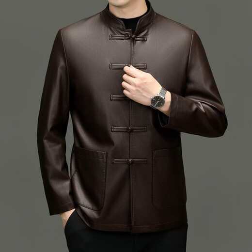 JEEP SPIRIT Spring and Autumn Haining Genuine Leather Jacket Men's First Layer Cowhide Tang Suit Chinese Style Jacket Stand Collar Chinese Style Leather Jacket Thin Black M 170