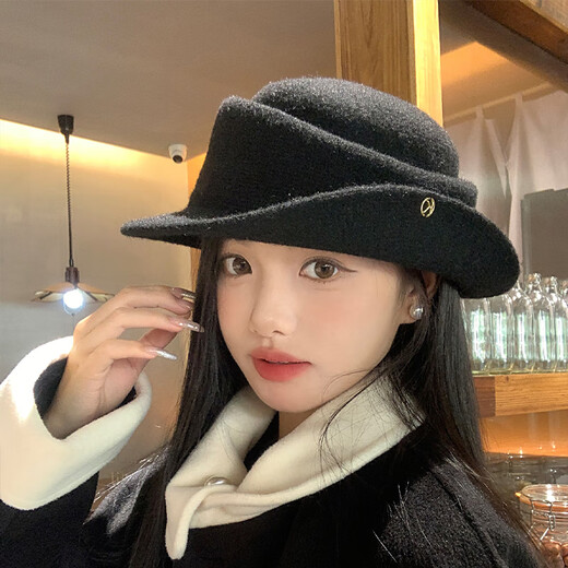 Lu Shanwu Hat Qianjin Style Retro Knitted Curly Top Hat Fisherman Hepburn Style Elegant Women's Autumn and Winter Hiking Hat Basin Hat Curly Top Hat Classic Black (56-58cm)